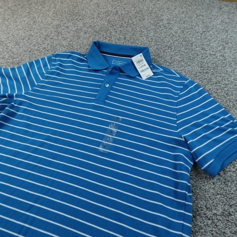 NEW‎ Club Room Polo Shirt Mens L Blue White Striped Short Sleeve Golf Casual Top